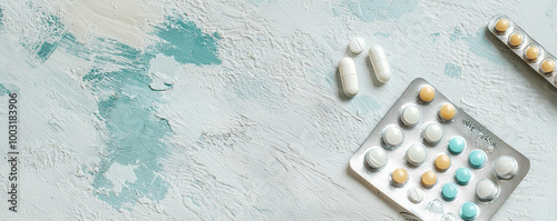 Blister packs of contraceptive pills on a textured blue and white background