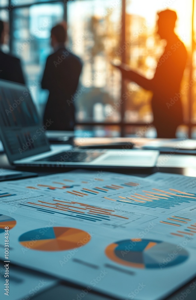 Close-up of business documents with graphs on a table in a bright office setting with silhouetted professionals in the background Close-up of business documents with graphs on a table in a bright office setting with silhouetted professionals in the background