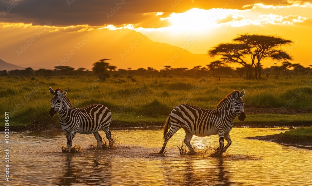 Fototapeta premium Africa, Tanzania. Two zebra move through the waterhole at sunset.