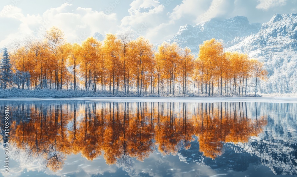 Autumn trees reflected in an icy lake Autumn trees reflected in an icy lake