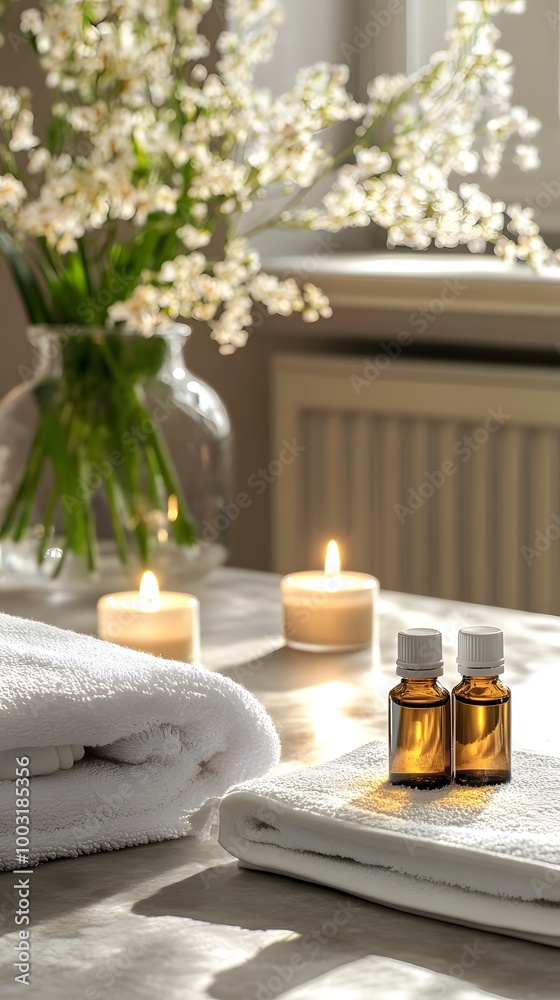 A spa setting with neatly folded towels, candles, and essential oil bottles on the table A spa setting with neatly folded towels, candles, and essential oil bottles on the table