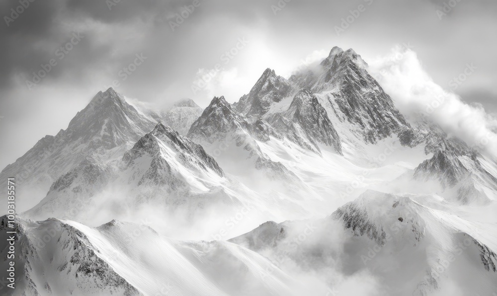 Black and white photo of snow-covered mountains in Black and white photo of snow-covered mountains in