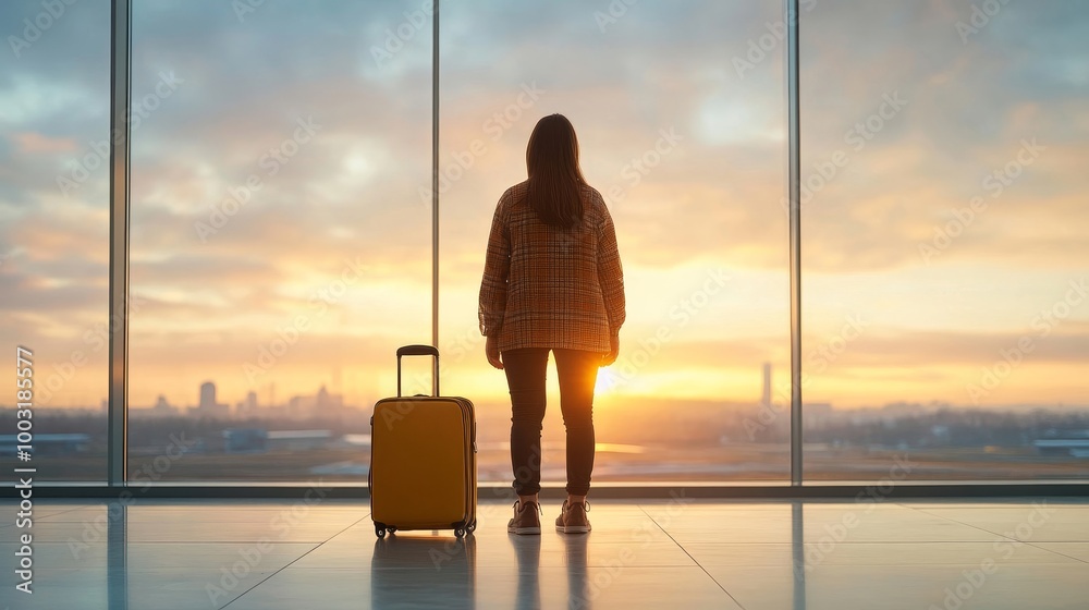 Woman Staring at Sunset in Airport Terminal Woman Staring at Sunset in Airport Terminal