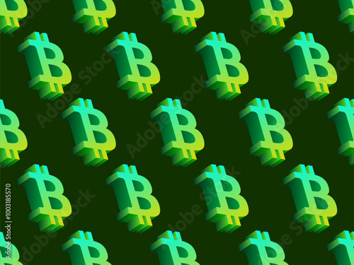 Seamless pattern with bitcoin symbol in 3D style. Gradient bitcoin symbol in isometric style. Cryptocurrency, crypto trading. Design for wallpapers, covers, wrappers and banners. Vector illustration