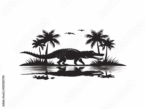 Minimalist black silhouette of a crocodile walking near a body of water, with tropical elements like palm trees and grass in the background. The design captures the crocodile in a natural habitat, wit