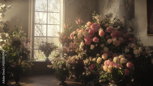 A room filled with lots of flowers next to a window photo