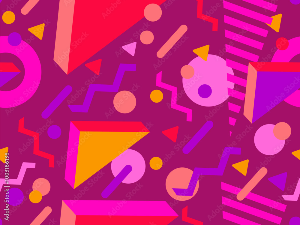Seamless pattern with 3d geometric shapes in 80s memphis style. Colorful background with isometric geometric shapes. Design for wallpapers, wrappers, covers and banners. Vector illustration Seamless pattern with 3d geometric shapes in 80s memphis style. Colorful background with isometric geometric shapes. Design for wallpapers, wrappers, covers and banners. Vector illustration