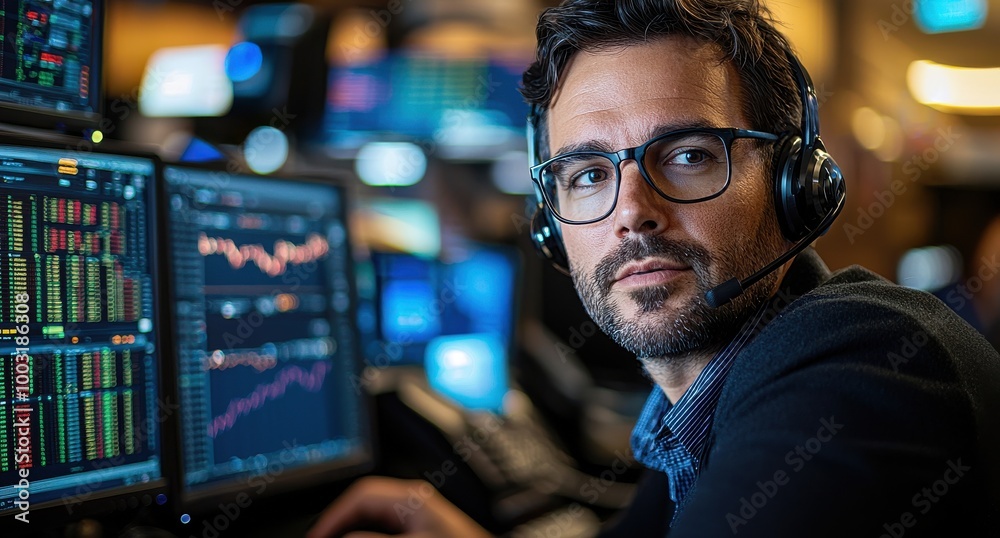 Focused male trader with headset analyzing data on multiple screens in a busy stock market office Focused male trader with headset analyzing data on multiple screens in a busy stock market office