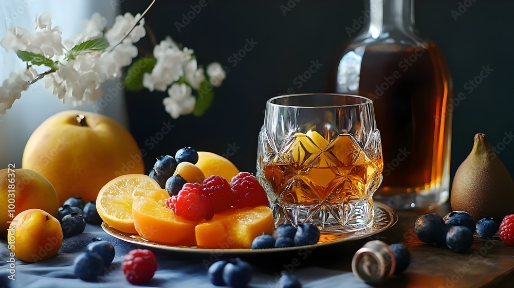 glass of whisky with ice and fruits .tasty alcoholic old fashioned cocktail with fruits. Alcohol whisky, rum cocktail collection. Bar concept glass of whisky with ice and fruits .tasty alcoholic old fashioned cocktail with fruits. Alcohol whisky, rum cocktail collection. Bar concept