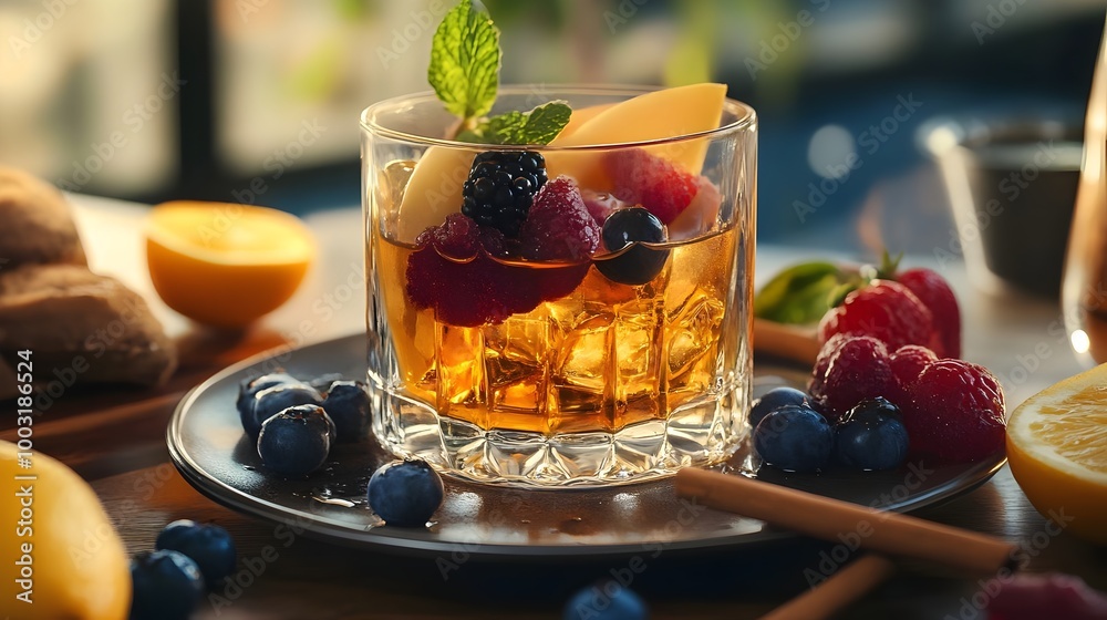glass of whisky with ice and fruits .tasty alcoholic old fashioned cocktail with fruits. Alcohol whisky, rum cocktail collection. Bar concept glass of whisky with ice and fruits .tasty alcoholic old fashioned cocktail with fruits. Alcohol whisky, rum cocktail collection. Bar concept
