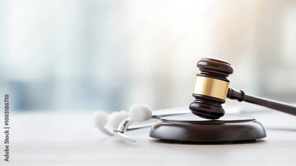 Gavel and Stethoscope on a Table in Legal Context Gavel and Stethoscope on a Table in Legal Context