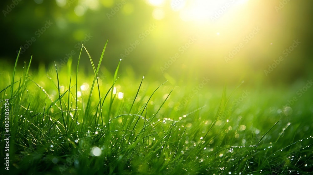Obraz premium Fresh Morning Grass with Dew in Soft Sunlight