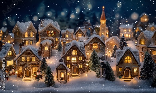 Charming Holiday Village with Lit Windows and Snow-Covered Roofs, Capturing Christmas Spirit