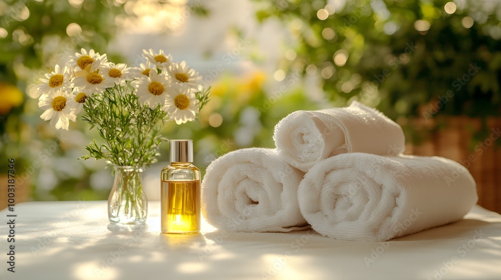 A spa setting with neatly folded towels, candles, and essential oil bottles on the table A spa setting with neatly folded towels, candles, and essential oil bottles on the table