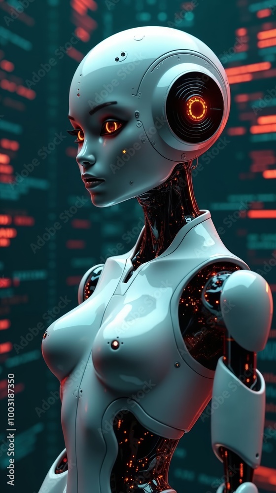 Artistic Machine Learning Robot with Sleek Metallic Body and LED Eyes Artistic Machine Learning Robot with Sleek Metallic Body and LED Eyes