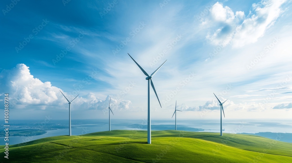 Wind Turbines on Green Hills Under Blue Sky Wind Turbines on Green Hills Under Blue Sky