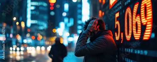 Man in despair against a stock market background with numbers indicating financial crisis and stress