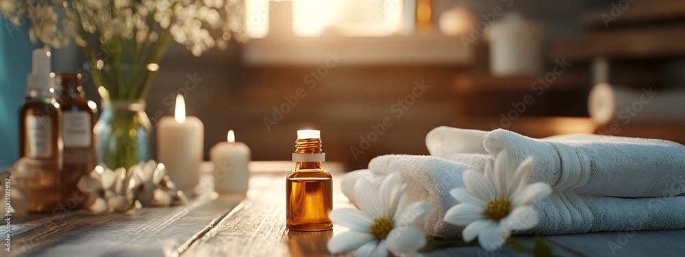 A spa setting with neatly folded towels, candles, and essential oil bottles on the table