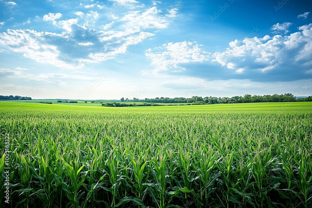 A scenic view of cornfields in the Midwest, stretching to the horizon under a vast, cloud-streaked sky.