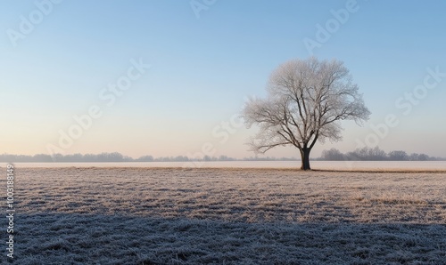 Crisp winter landscape of a barren field with a single tree, frost-kissed and serene under a clear, icy sky photo