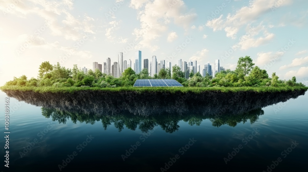 Sea reclamation with solar-powered machinery, sustainable urban development, 3D illustration Sea reclamation with solar-powered machinery, sustainable urban development, 3D illustration