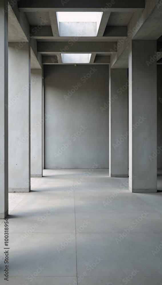 Fototapeta premium Modern abstract concrete room featuring tall pillars square ceiling lights and rough floors in an industrial style setting