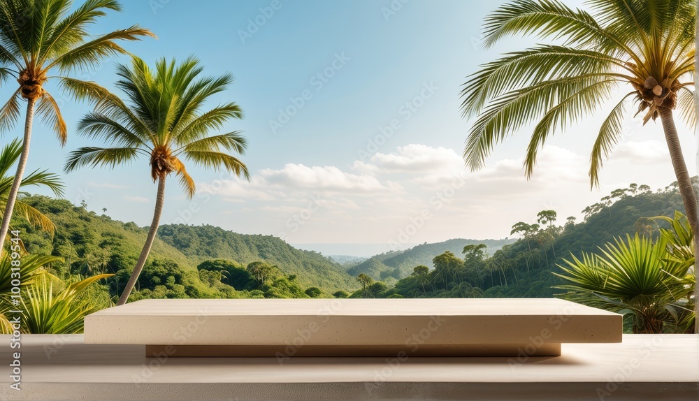 Fototapeta premium Beige Tabletop in Jungle Setting with Sky Background