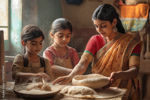 Family baking together, children learning from grandmother in cozy home