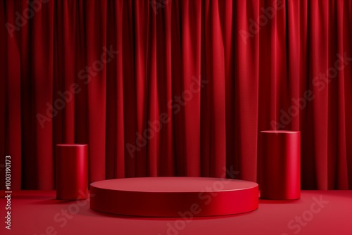 A red curtain with a red stage set up in front of it