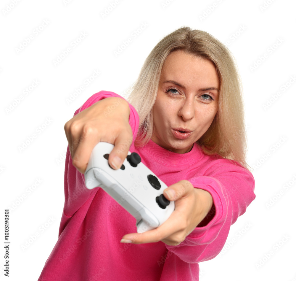 Woman playing video games with controller on white background Woman playing video games with controller on white background