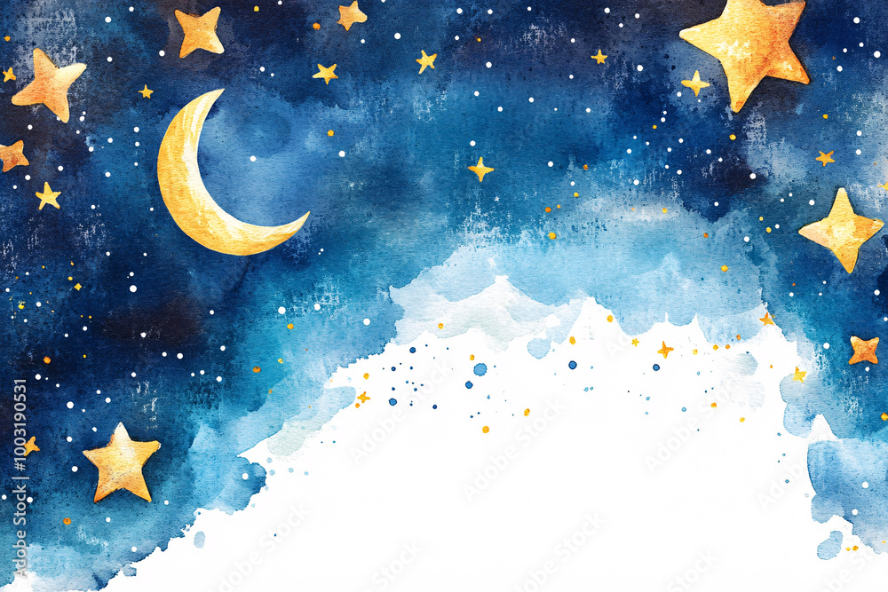 Naklejka premium A watercolor painting of a night sky with a crescent moon and golden stars creating a dreamy and magical atmosphere in blue tones 