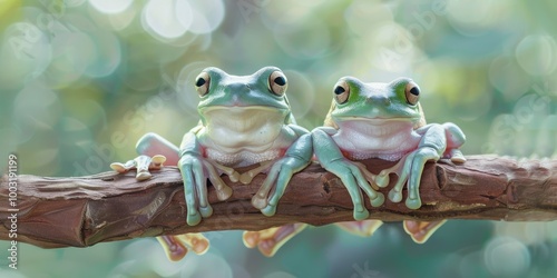 A Pair of White Tree Frogs Resting on a Branch, Tailless Amphibians from the Tree Frog Family in Their Natural Habitat - A Close-up of these Delicate Creatures photo