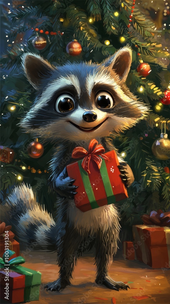 An adorable raccoon stands in front of a Christmas tree, holding a present, representing the joy and anticipation of gift-giving during the festive season. An adorable raccoon stands in front of a Christmas tree, holding a present, representing the joy and anticipation of gift-giving during the festive season.