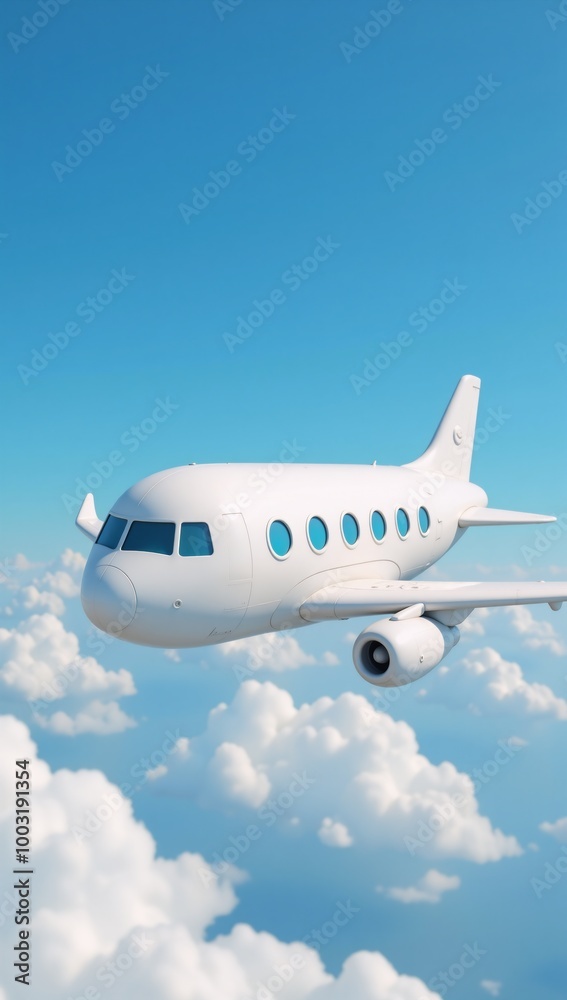 Fototapeta premium A cute cartoon-style 3D realistic white airplane featuring blue portholes and wings seen from an angled perspective