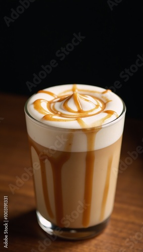 Close-up of layered Caramel Macchiato with caramel drizzle