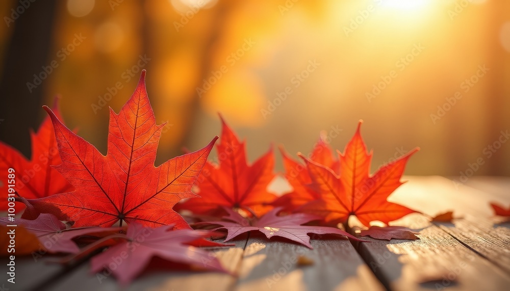Autumn background scene with red maple leaves on table with sunlight. Natural seasonal home decor for fall season, thanksgiving and holiday showroom. Autumn background scene with red maple leaves on table with sunlight. Natural seasonal home decor for fall season, thanksgiving and holiday showroom.