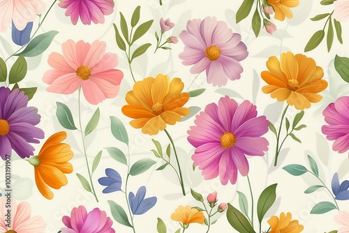 Wallpaper Mural A colorful floral print on a white background Torontodigital.ca