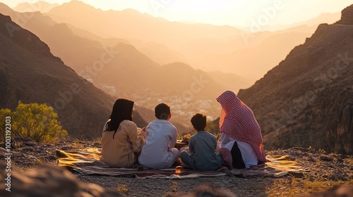 A family picnic set against the stunning backdrop of Taif, Saudi Arabia where laughter and delicious food come together amidst breathtaking scenery.”