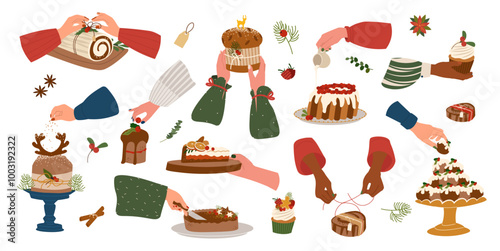 Set of woman's hands cooking, decorating home-baked Christmas cake. Christmas bakery. Festive food, cooking process, family culinary, Christmas, New Year traditions concept vector cartoon illustration