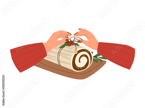 Woman's hands cooking or decorating home-baked Christmas cake. Christmas bakery. Festive food, cooking process, family culinary, Christmas and New Year traditions concept vector cartoon illustration.