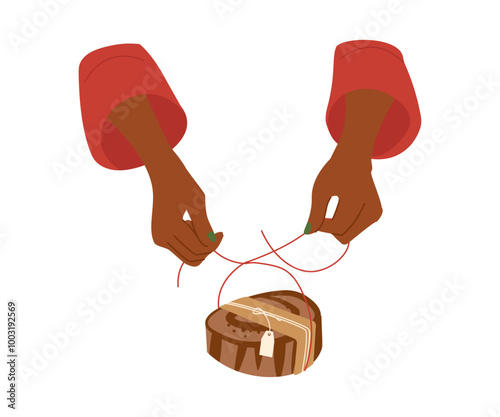 Woman hand cooking and decorating home-baked Christmas cake. Christmas bakery. Festive food, cooking process, family culinary, Christmas and New Year traditions concept vector cartoon illustration.