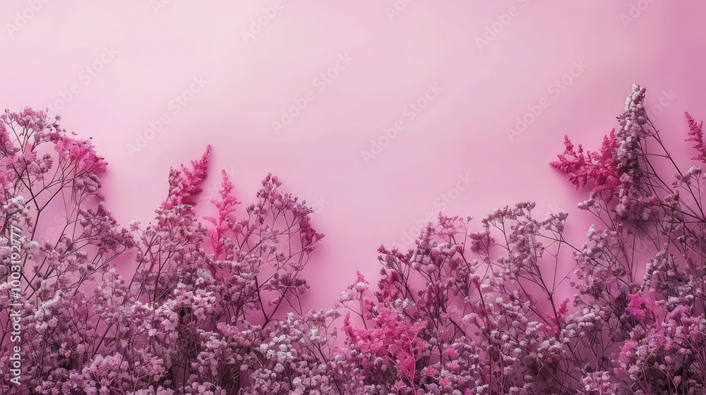 Fototapeta premium Random flowers on soft color background, romantic feminine composition, wedding invitation concept.