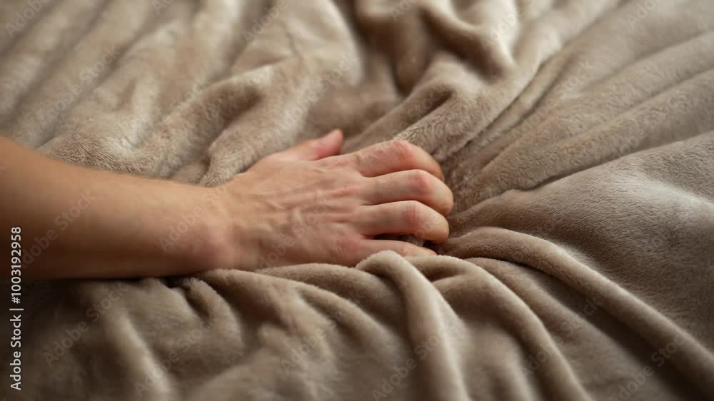 A man's hand touches a blanket.
The hand squeezes a warm blanket.
Brown blanket close-up.
Hand on the bed.
Man squeezing fabric A man's hand touches a blanket.
The hand squeezes a warm blanket.
Brown blanket close-up.
Hand on the bed.
Man squeezing fabric