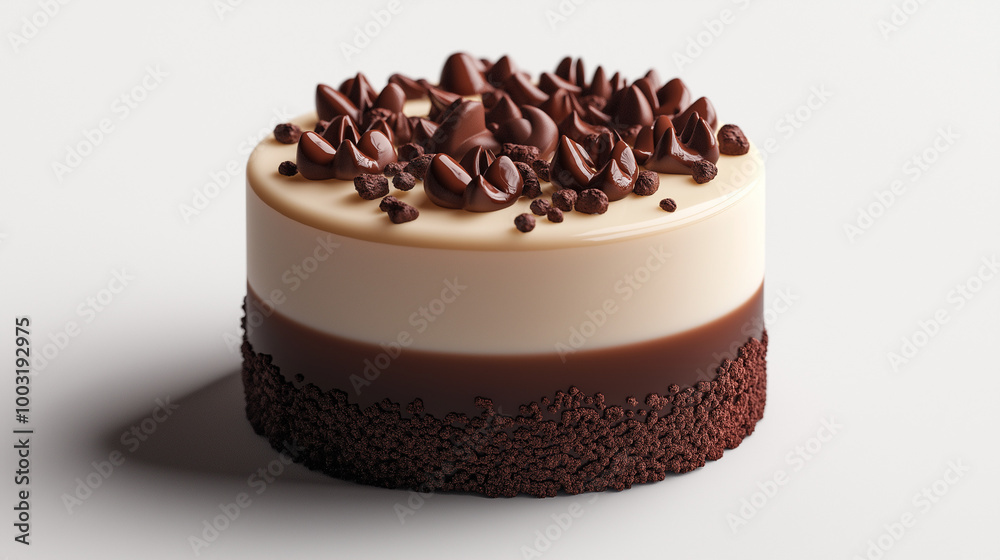 Chocolate mousse cake with decorative topping on a light background Chocolate mousse cake with decorative topping on a light background