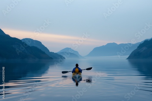 A man paddles a kayak on a lake at sunset