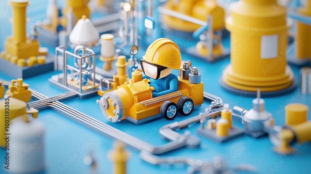 Fototapeta premium Colorful Cartoon Construction Scene with Tiny Worker