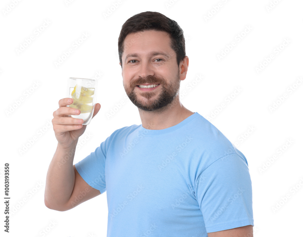 Happy man holding glass of water with lemon on white background Happy man holding glass of water with lemon on white background