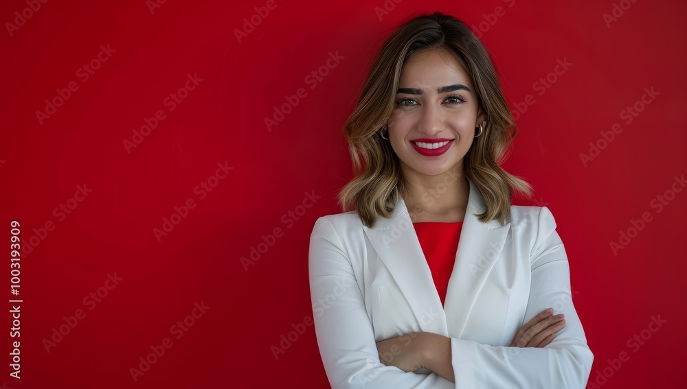 Professional attractive young Middle Eastern woman with long hair, wearing business clothing. Confidence in a blazer exudes confidence against a vibrant red wall Professional attractive young Middle Eastern woman with long hair, wearing business clothing. Confidence in a blazer exudes confidence against a vibrant red wall