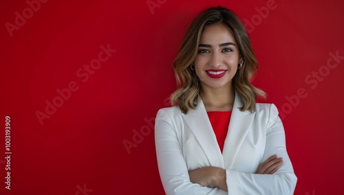 Professional attractive young Middle Eastern woman with long hair, wearing business clothing. Confidence in a blazer exudes confidence against a vibrant red wall