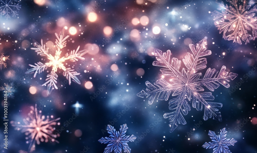 A series of floating geometric snowflakes glowing softly in the night sky, surrounded by shimmering lights and abstract star patterns, evoking a magical holiday mood A series of floating geometric snowflakes glowing softly in the night sky, surrounded by shimmering lights and abstract star patterns, evoking a magical holiday mood